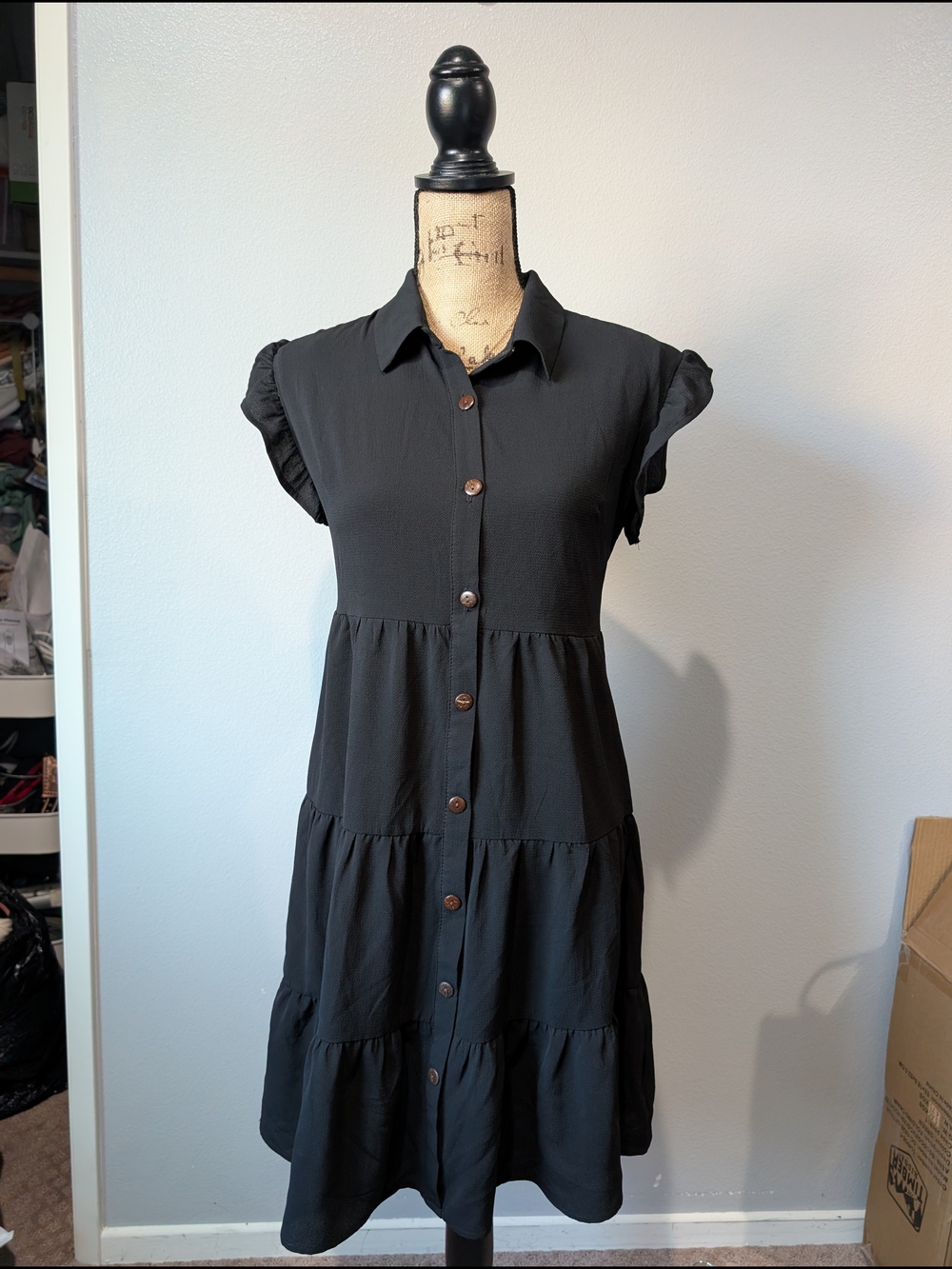Stateside Black Tiered Button-Front Dress - Classic Collared Style